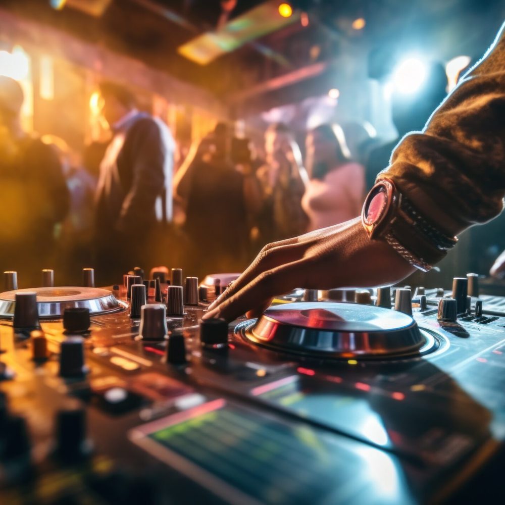 DJ's hands on a mixing board, with a blurred background of energetic partygoers dancing in the club.