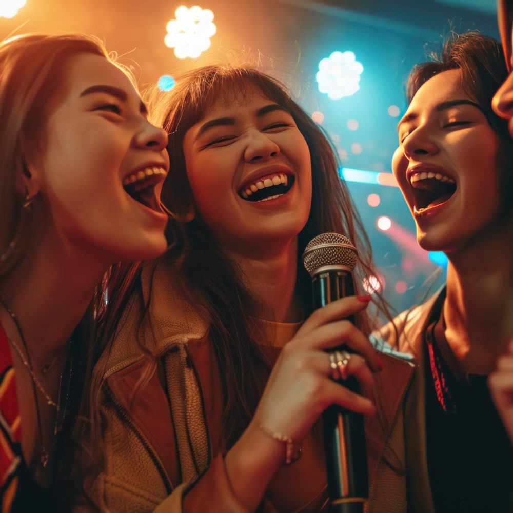 happy karaoke group at a club.